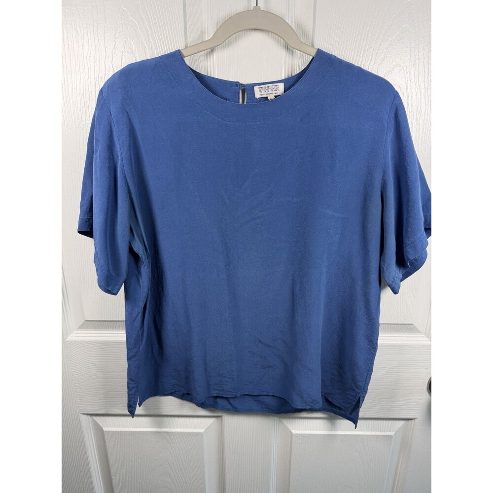 WINNER 100% Washed Silk Large Shirt Blue Glam Workwear Business Regency Preppy